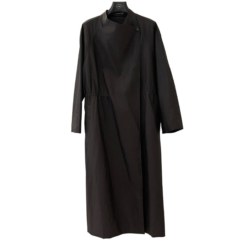 Spring lazy style black stand-up collar long leather trench coat high sense