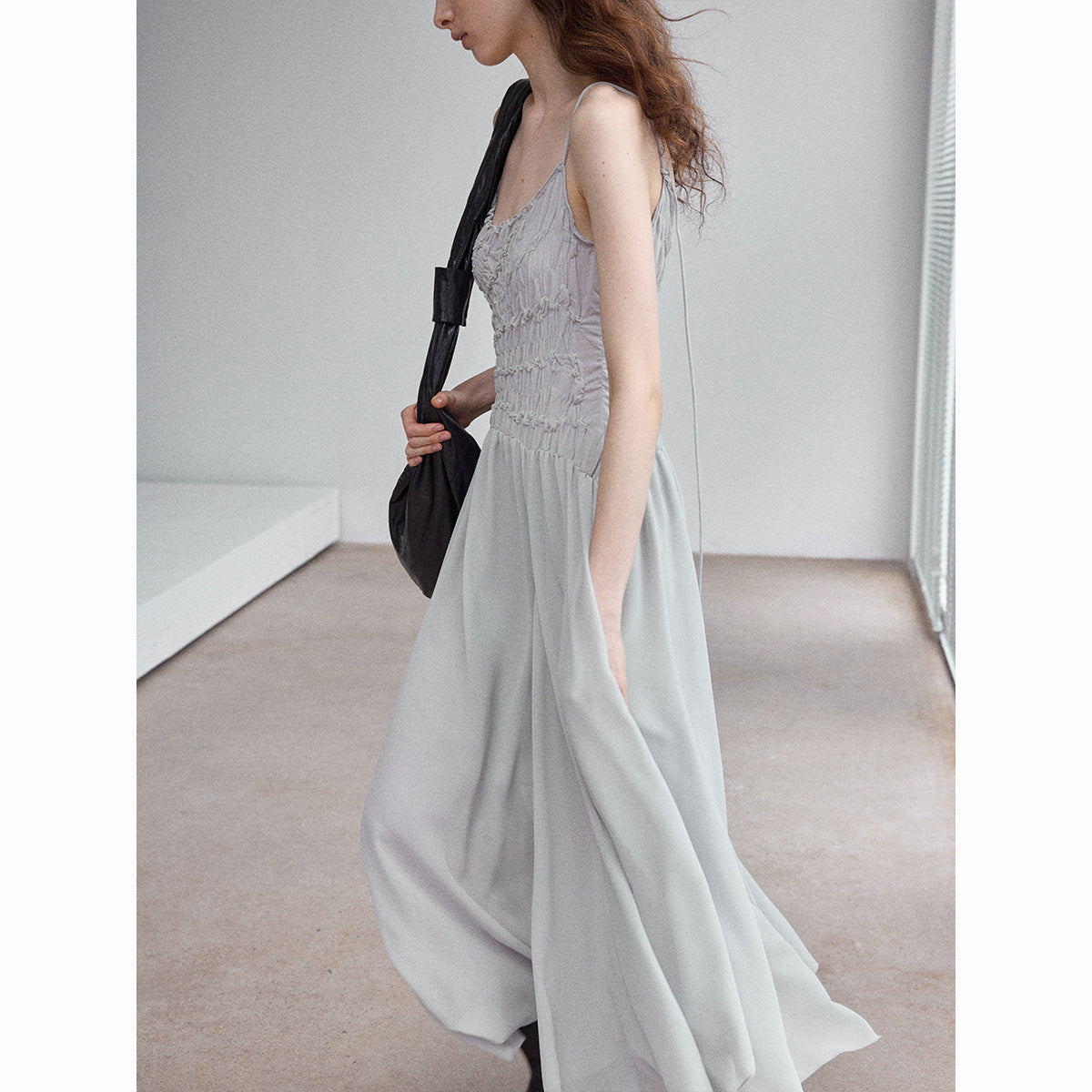 Folded chiffon asymmetric midi skirt atmosphere literary slim elastic suspender dress