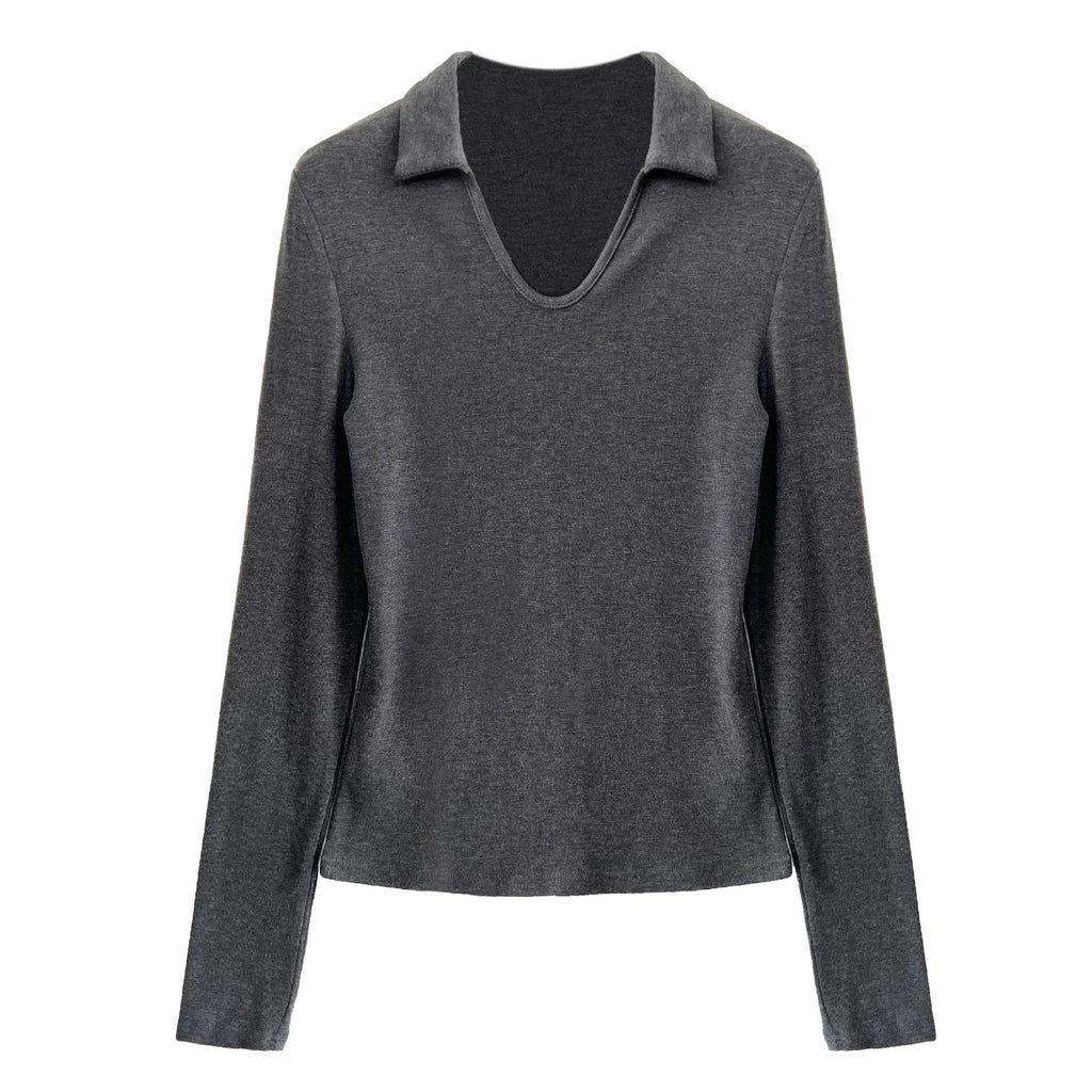 Simple design slim-fitting v-neck high-end sense thin bottoming shirt women's autumn new small lapel top