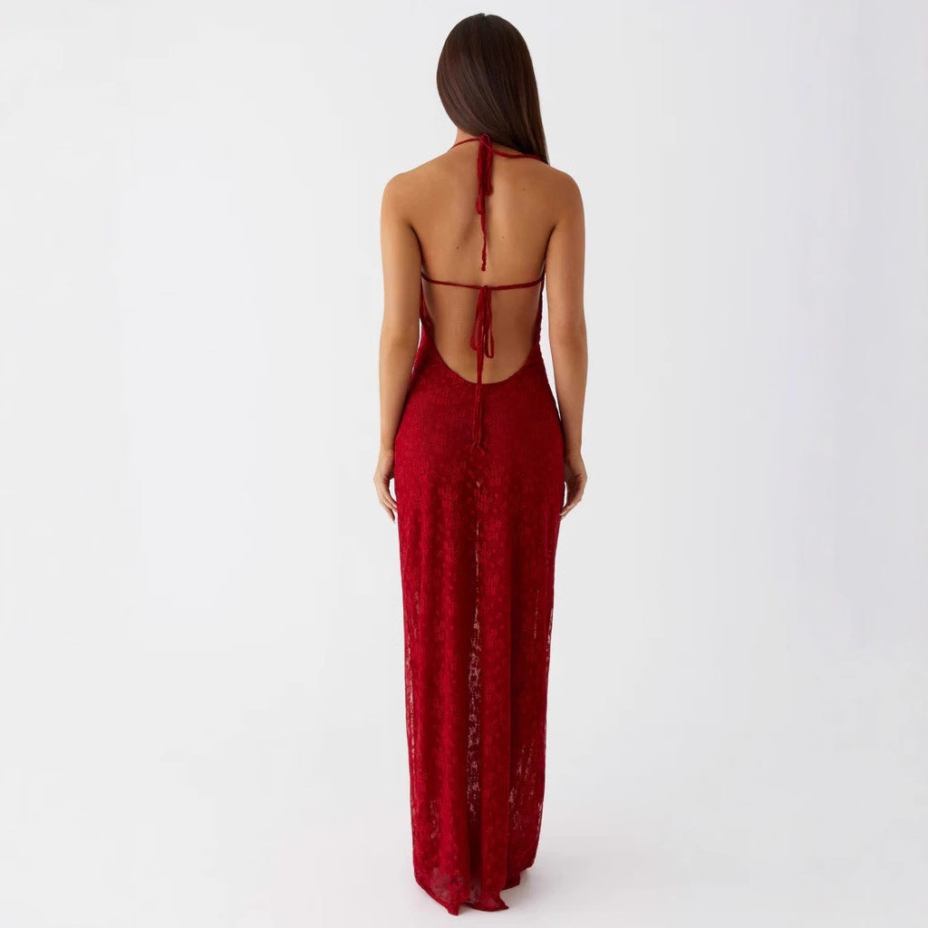 Women's new fashion lace lace-up long dress big halter sexy hottie suspender dress