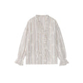Autumn French retro loose long-sleeved wooden ear edge embroidered striped shirt