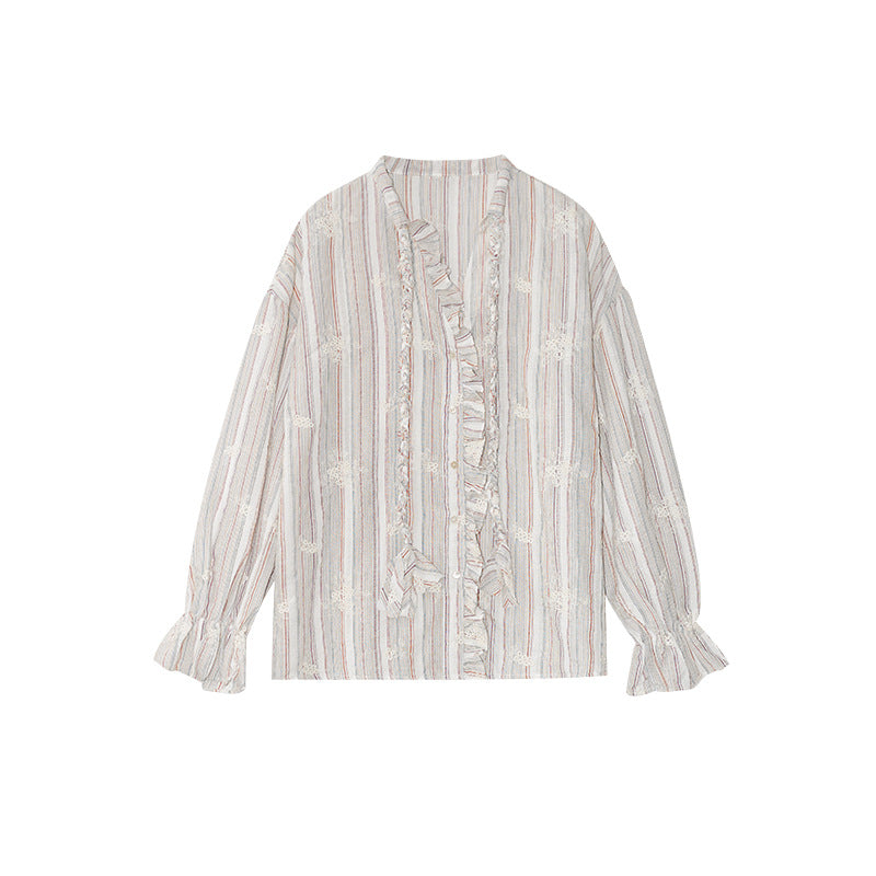 Autumn French retro loose long-sleeved wooden ear edge embroidered striped shirt