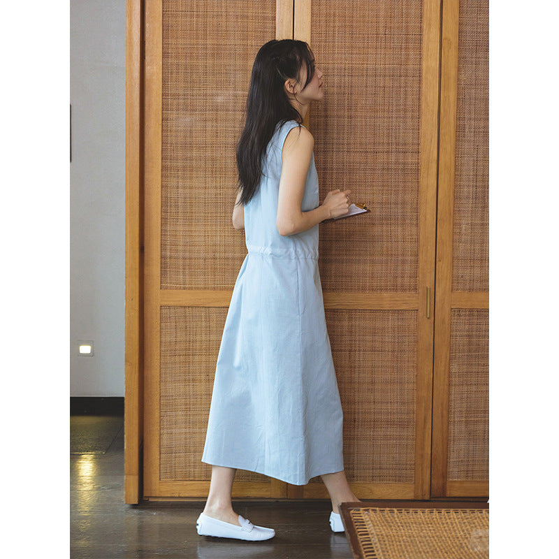 Crew neck linen cotton waist sleeveless vest dress