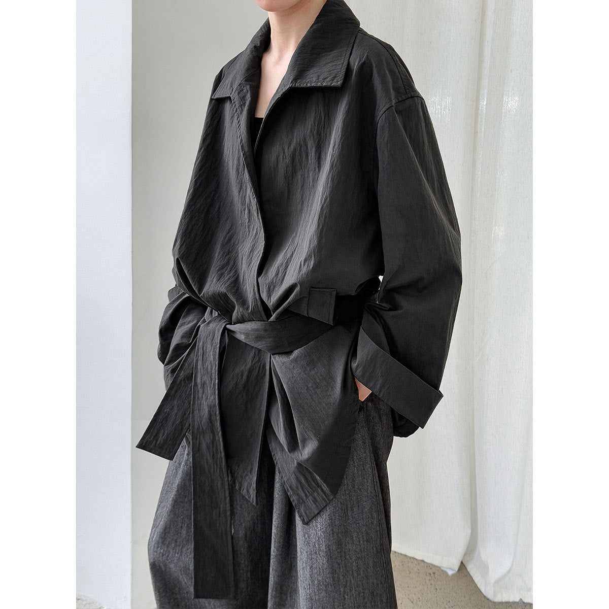Korean lightweight texture silhouette straps thin trench coat women's autumn new lapel jacket