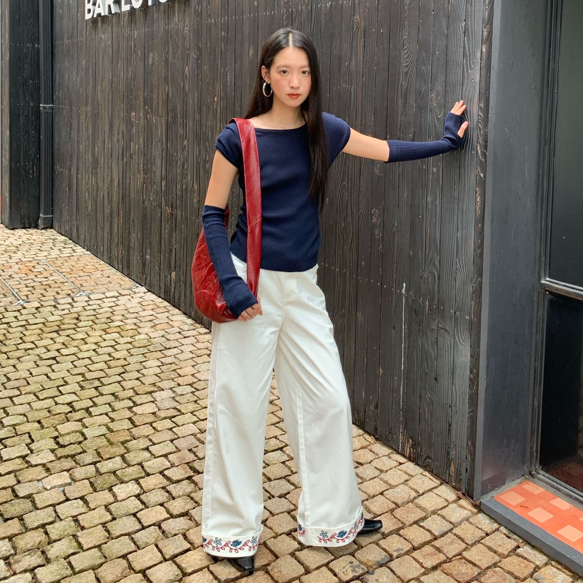 Straight trousers high waist embroidered hemmed slacks