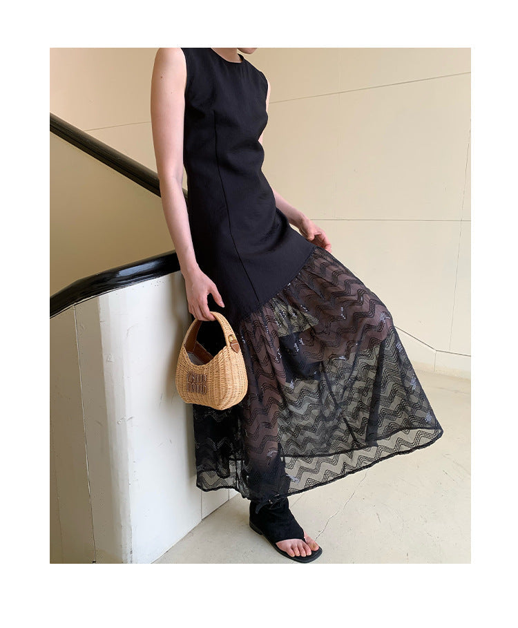 High Waist Lace Hem Fishtail Sleeveless Maxi Dress