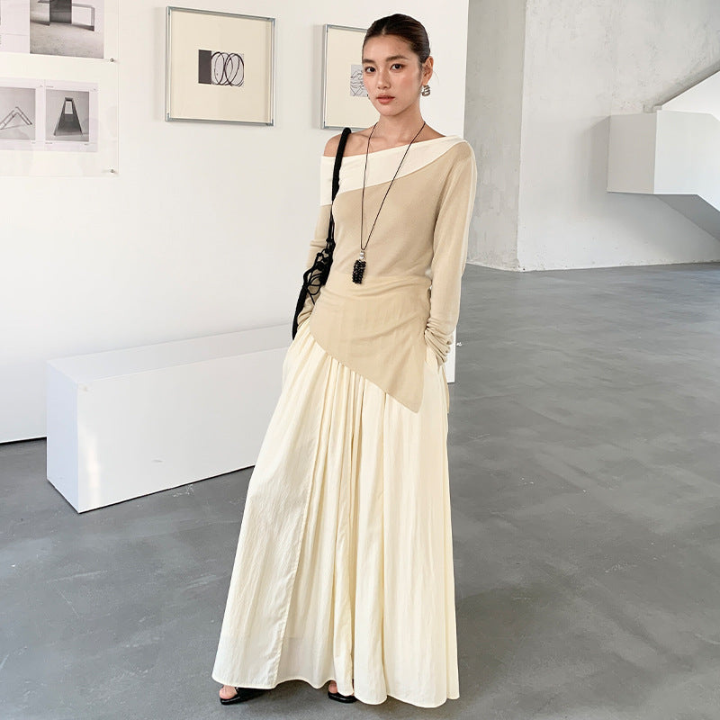 Design contrasting slanted shoulder knitted sweater spring irregular lyocell slim top