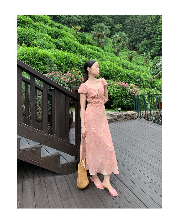 Gentle temperament waist and thin floral dress