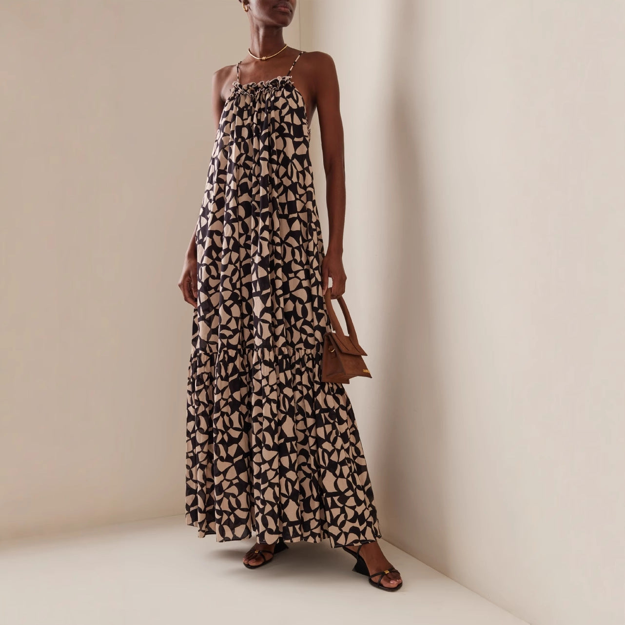 Women's Fashion Printed Long Dress Loose Halter Holiday Style Sexy Suspender Dress