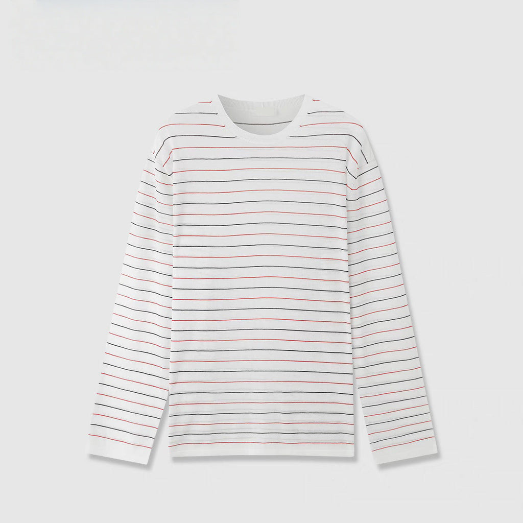 Striped Sweater Set Women Loose Fit Round Neck Long Sleeve Triacetate Cotton