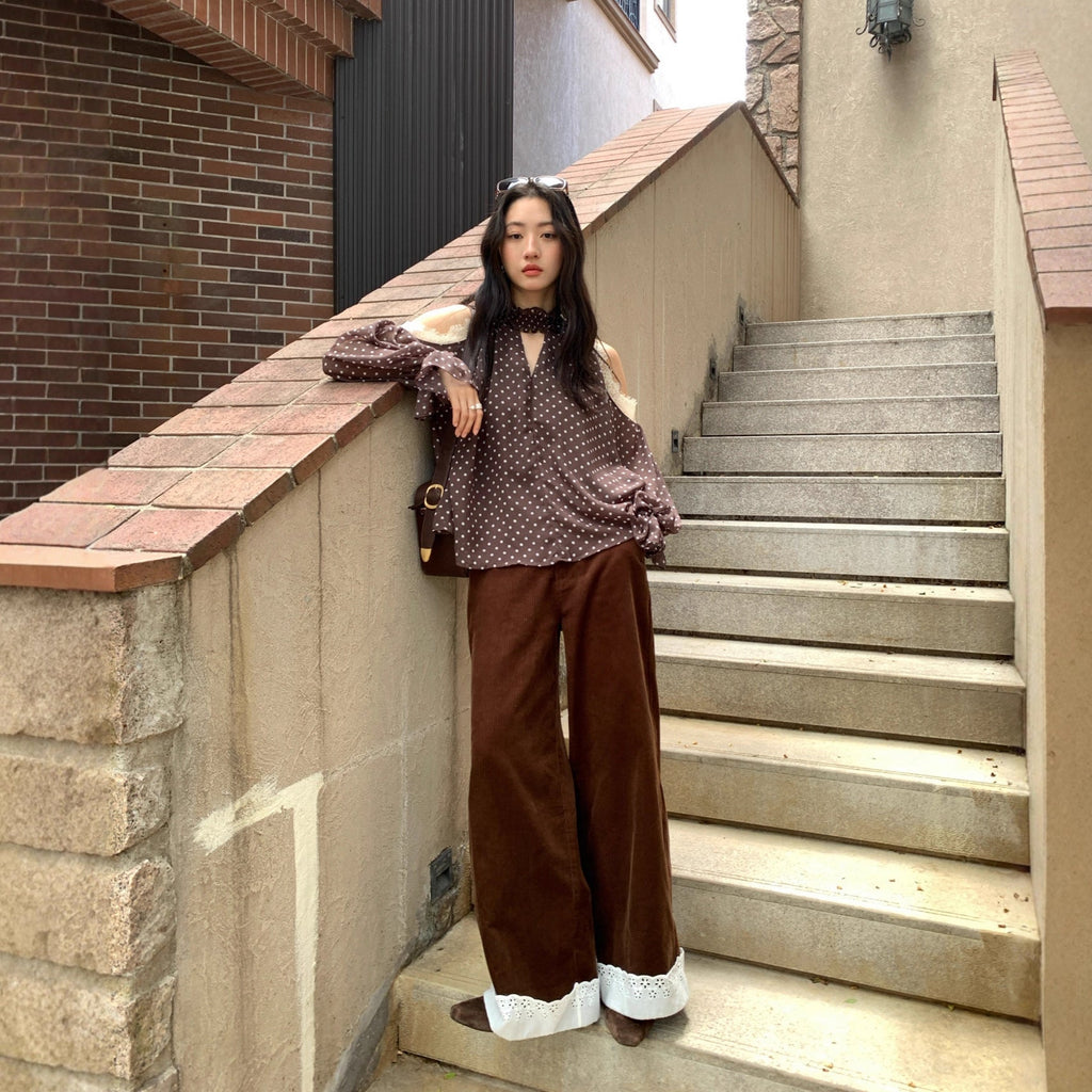 Splicing lace corduroy straight-leg pants