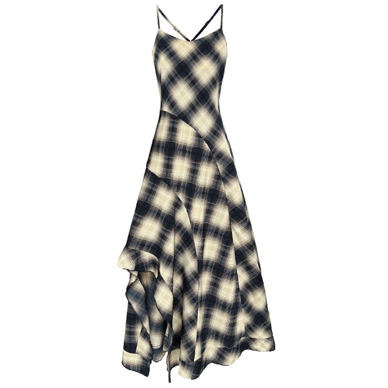 Korean simple temperament plaid dress spring and summer women's new waist irregular hem long dress