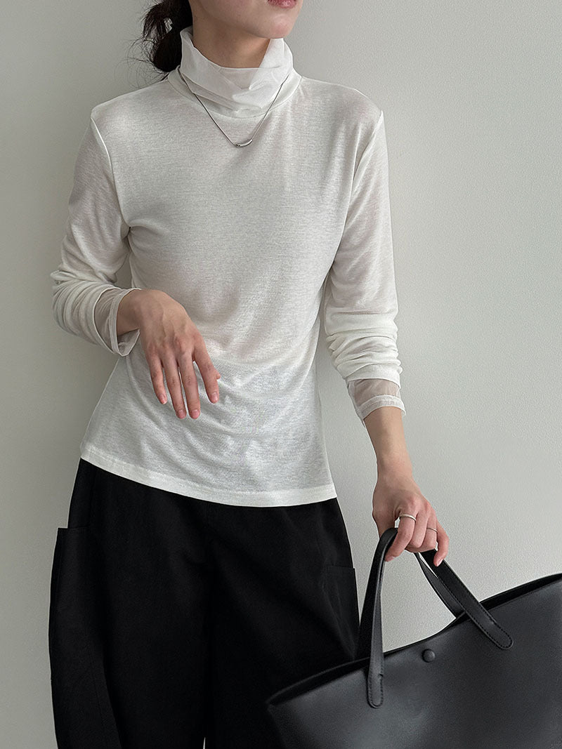 Tencel wool slim-fit pile turtleneck splicing mesh undershirt women's 26 spring shoulder T-shirt 2057