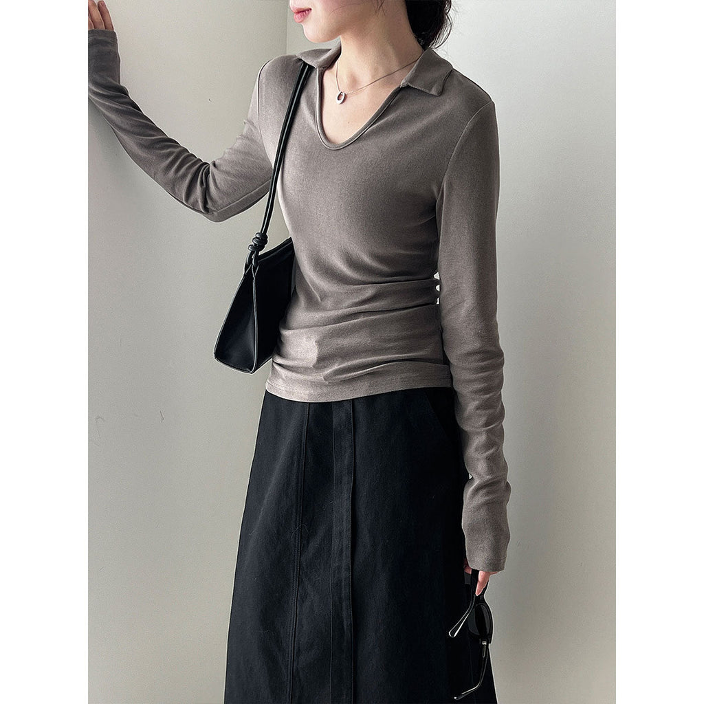 Simple design slim-fitting v-neck high-end sense thin bottoming shirt women's autumn new small lapel top