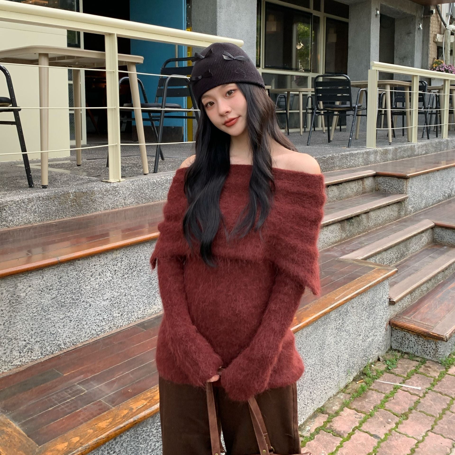Women's Off-Shoulder 3D Floral Knit Alpaca Wool Pullover Sweater