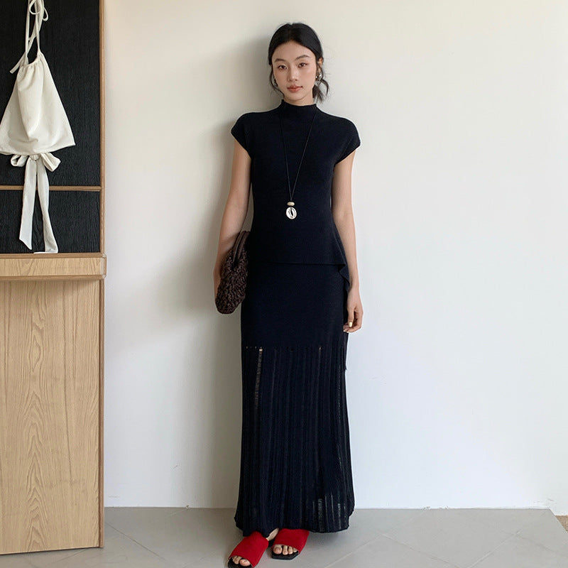Spring minimalist style tie-up tie stand-up collar solid color knitted short-sleeved T-shirt 59027