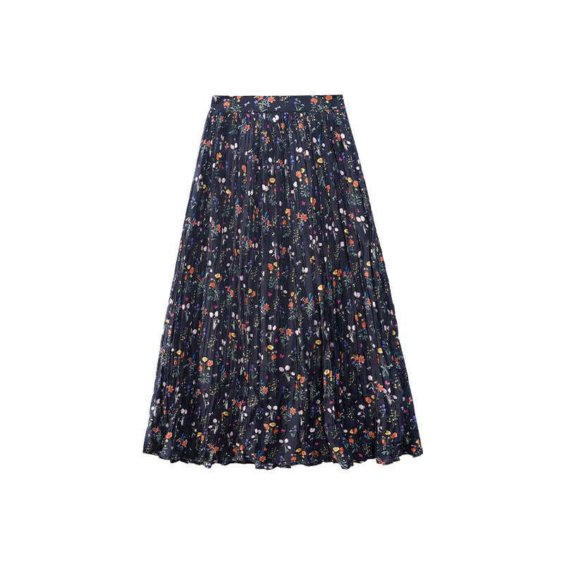 Women's High-Waist Floral Print Pleated Slim Maxi Skirt