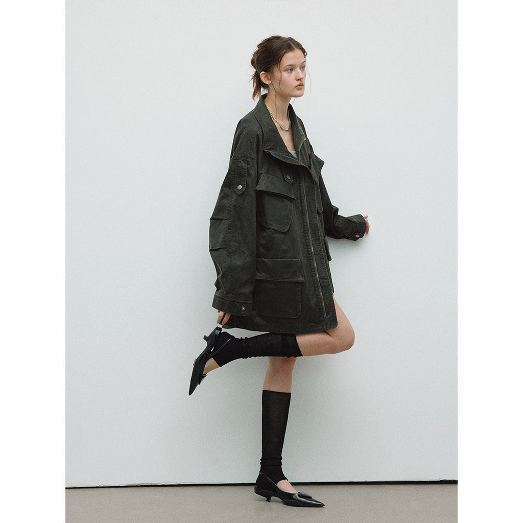 Spring new casual lapel retro old multi-pocket versatile long jacket
