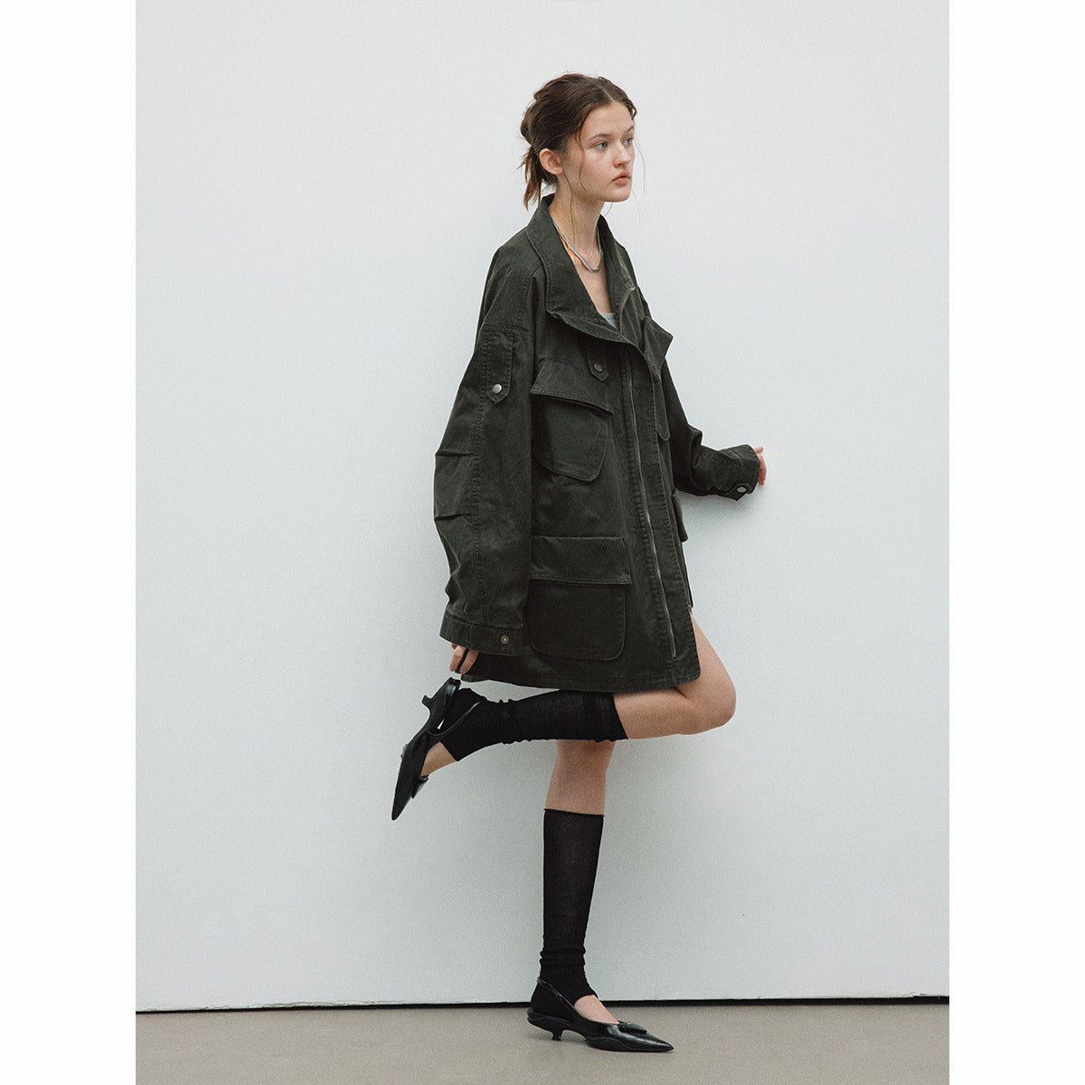 Spring new casual lapel retro old multi-pocket versatile long jacket