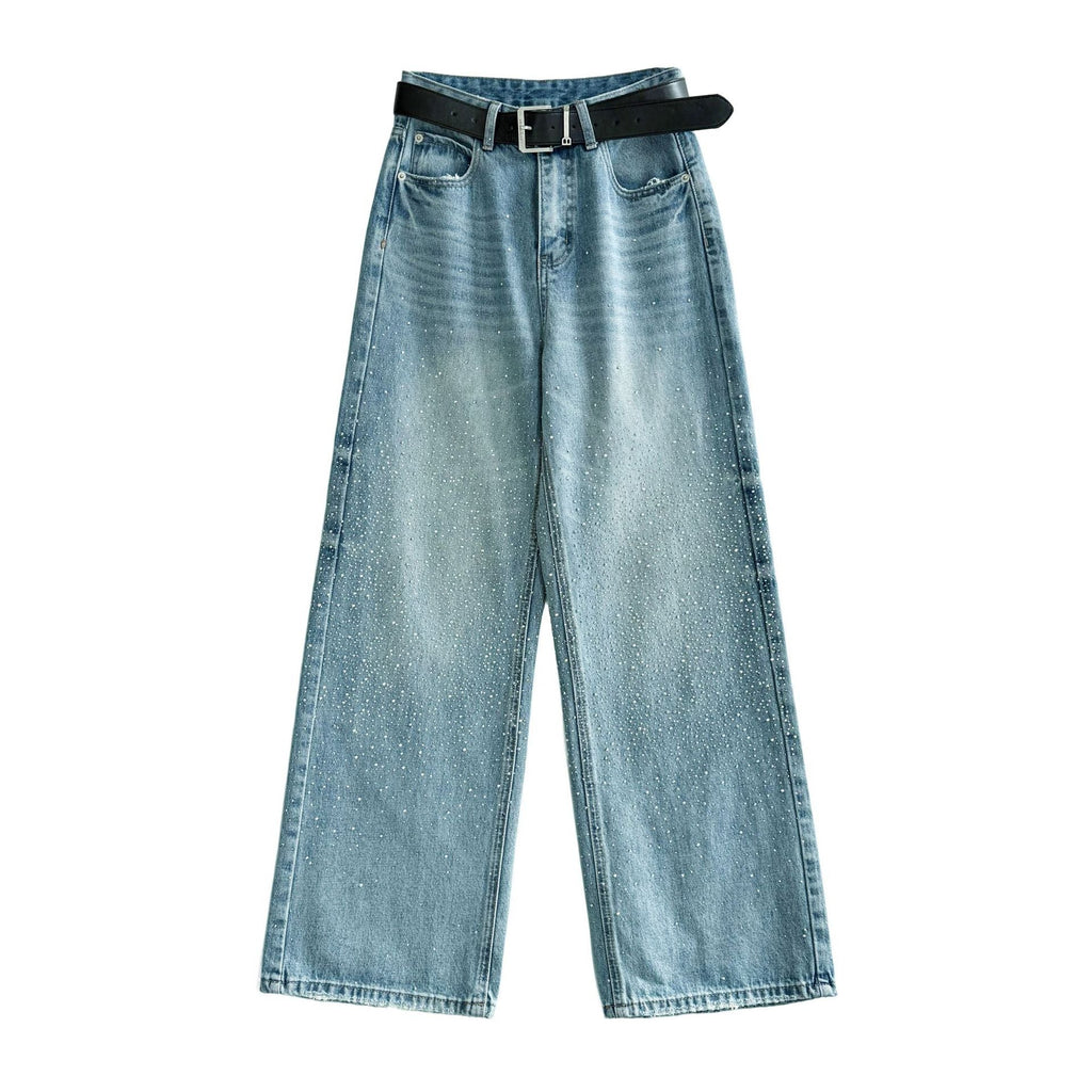 American retro gypsy hot diamond casual versatile wide-leg jeans spring new high-waisted trousers