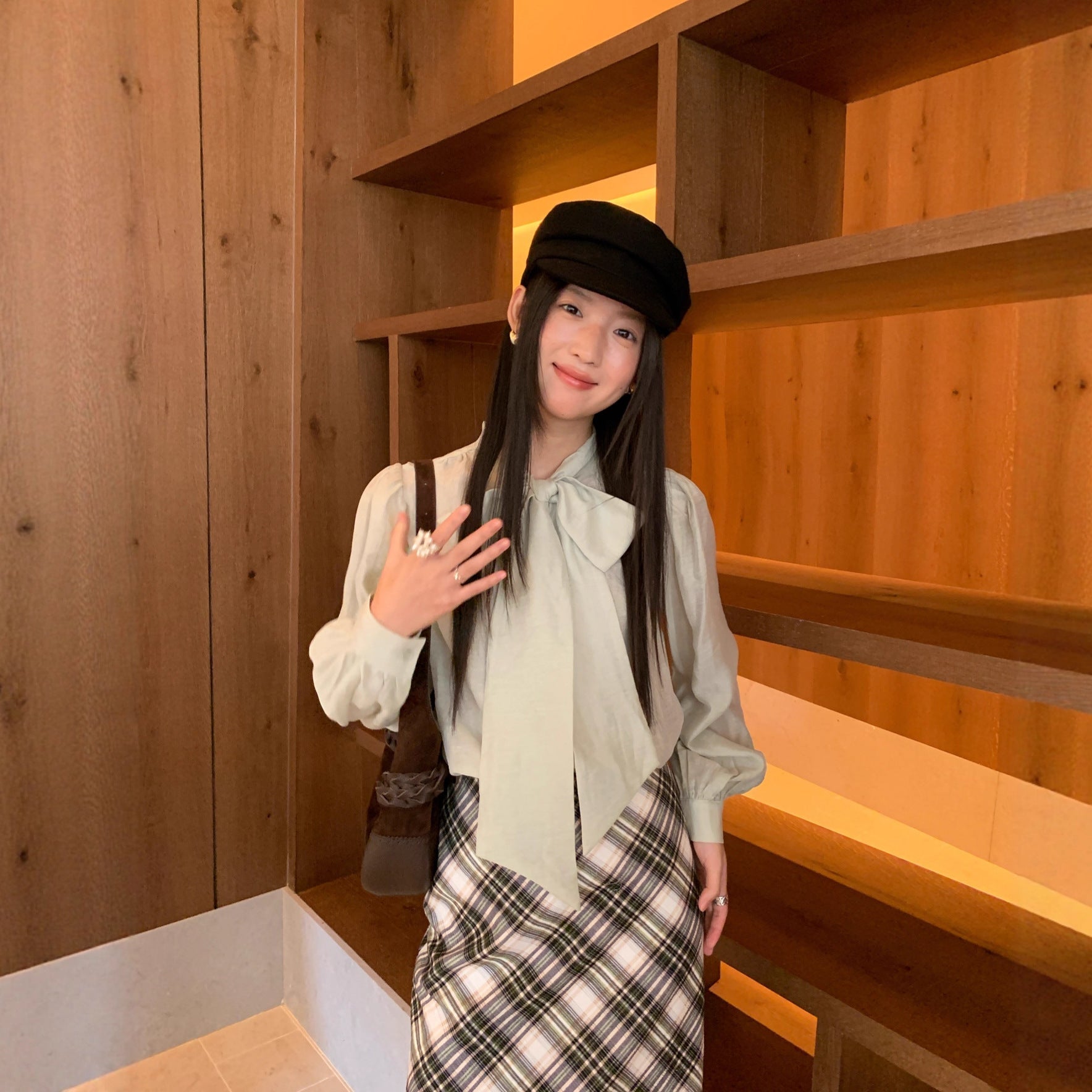 Temperament Tencel cotton tie-up collar long-sleeved bow shirt