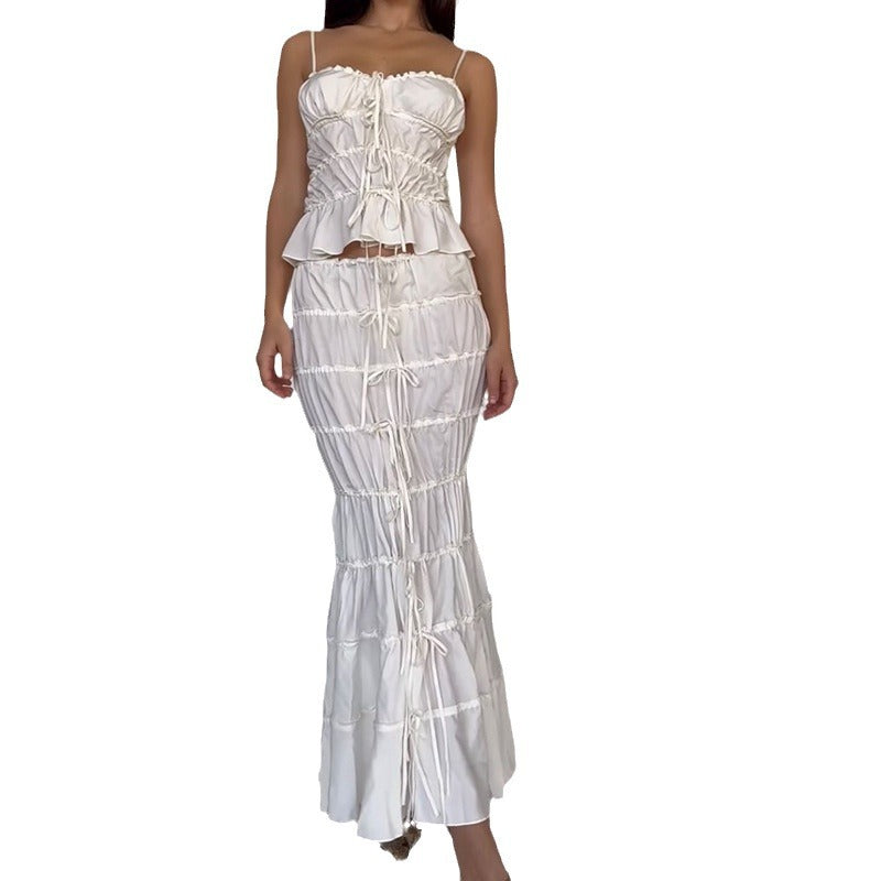 Sexy suspender top skirt set pleated lace lace-up long skirt two-piece set private clothes socialite