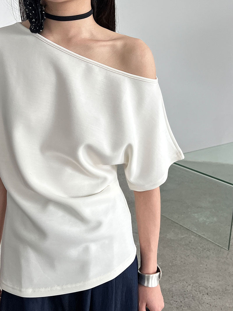 Lazy slanted shoulder loose short-sleeved women's summernew arrival off-shoulder asymmetrical waist slimming look t-shirt