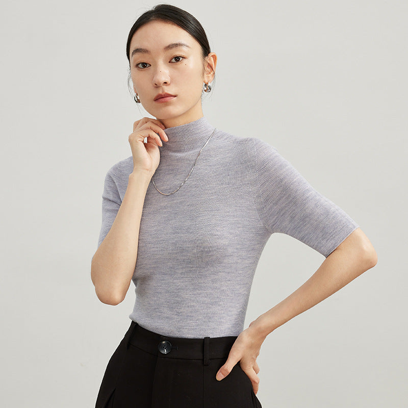 Semi-Turtleneck Wool Sweater Women Slim Fit Three-Quarter Sleeve Knit Top