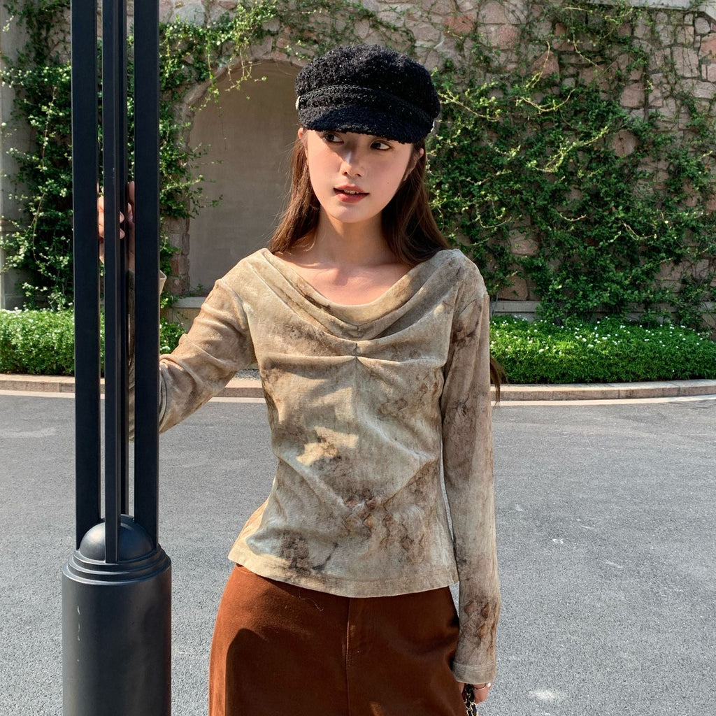 Old swinging collar slim-fitting pleated top bottoming shirt