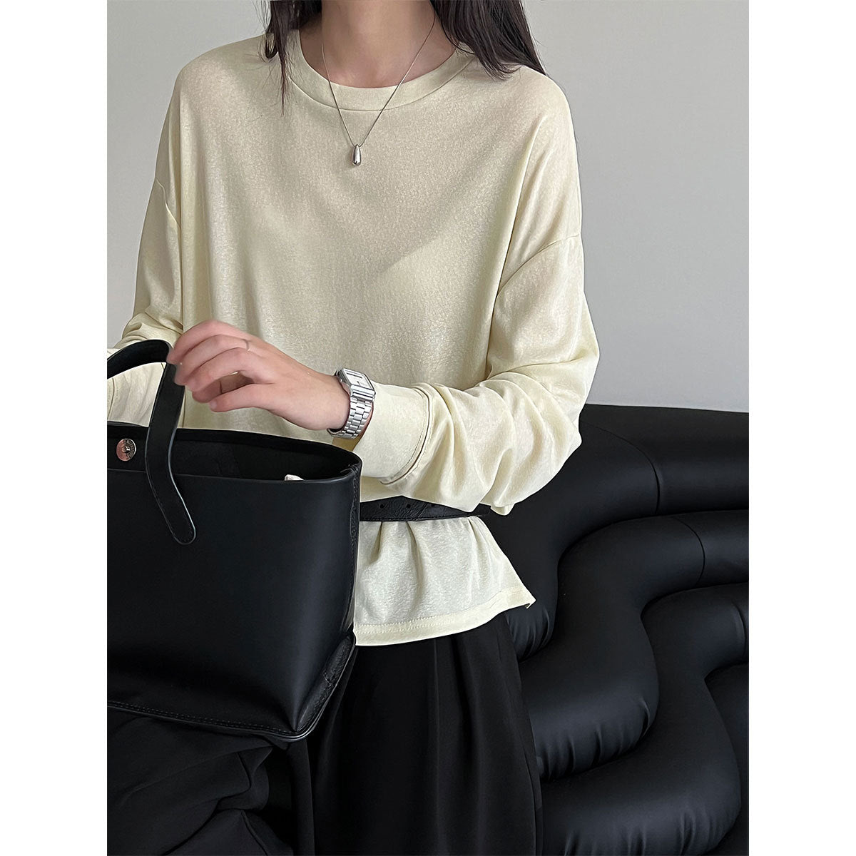 Minimal drape Tencel long-sleeved T-shirt women's autumn new round neck basic versatile bottoming shirt top