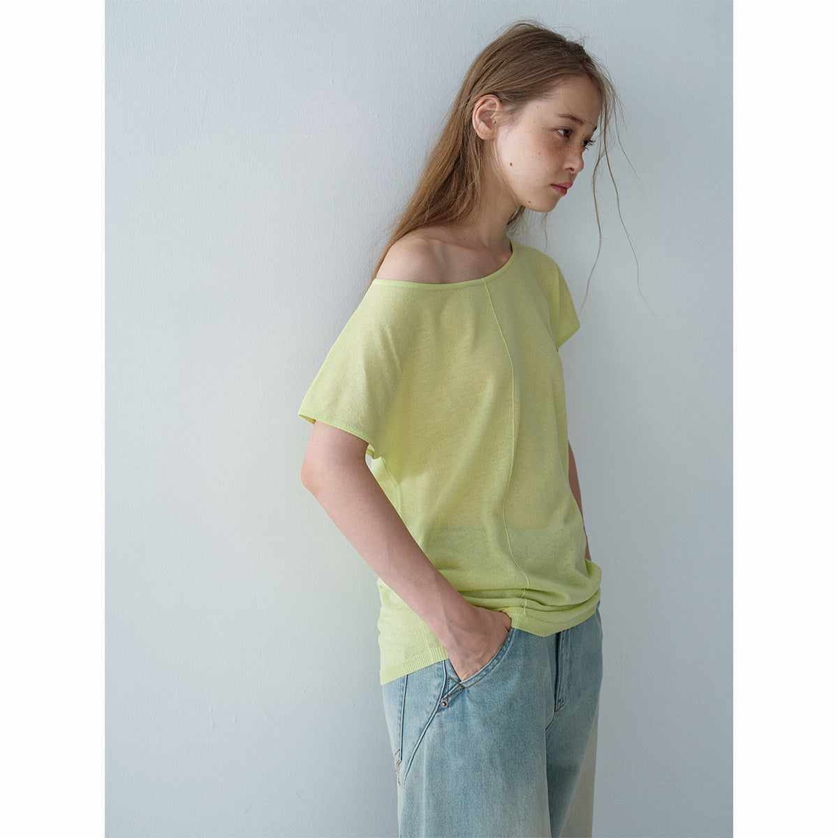 Summer new casual super cool hemp boat collar shoulder Tencel light knitted bottoming shirt