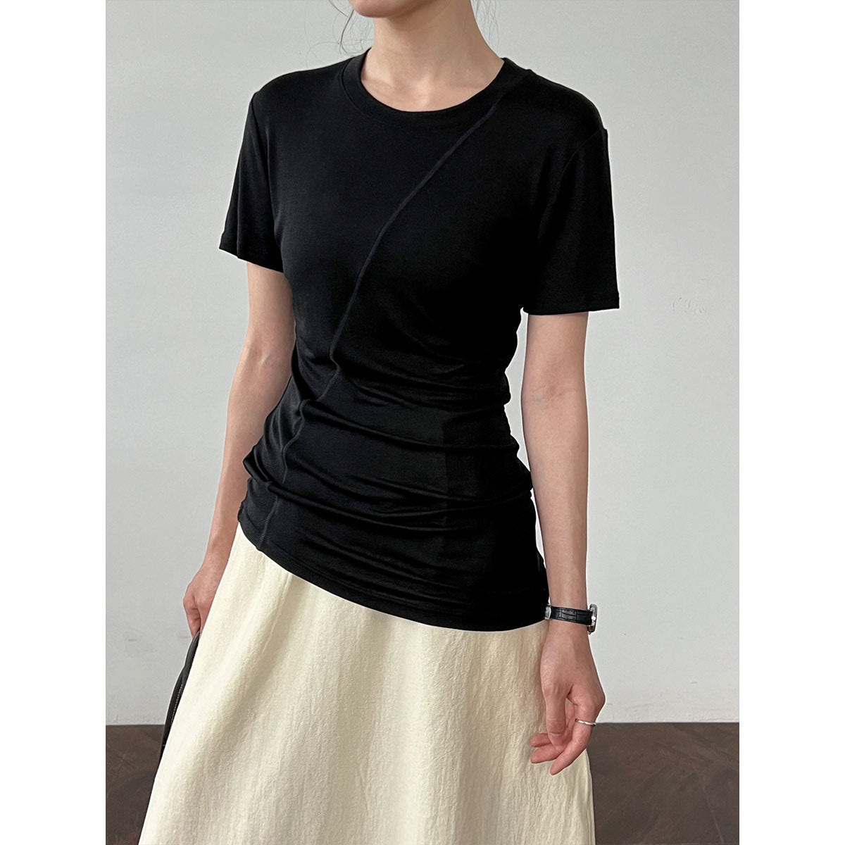 High Elasticity and Thin~ Design Sense Irregular Slim Sleeve Women's Summer Light and Thin Lyocell Tencel T-Shirt