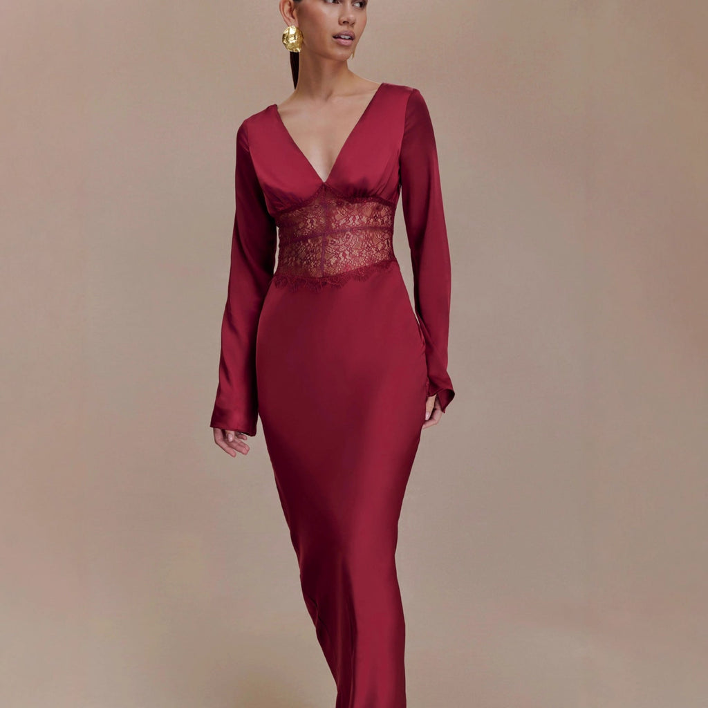 Lace splicing V-neck satin hip-wrapped dress Slim-fitting hollow sexy dress