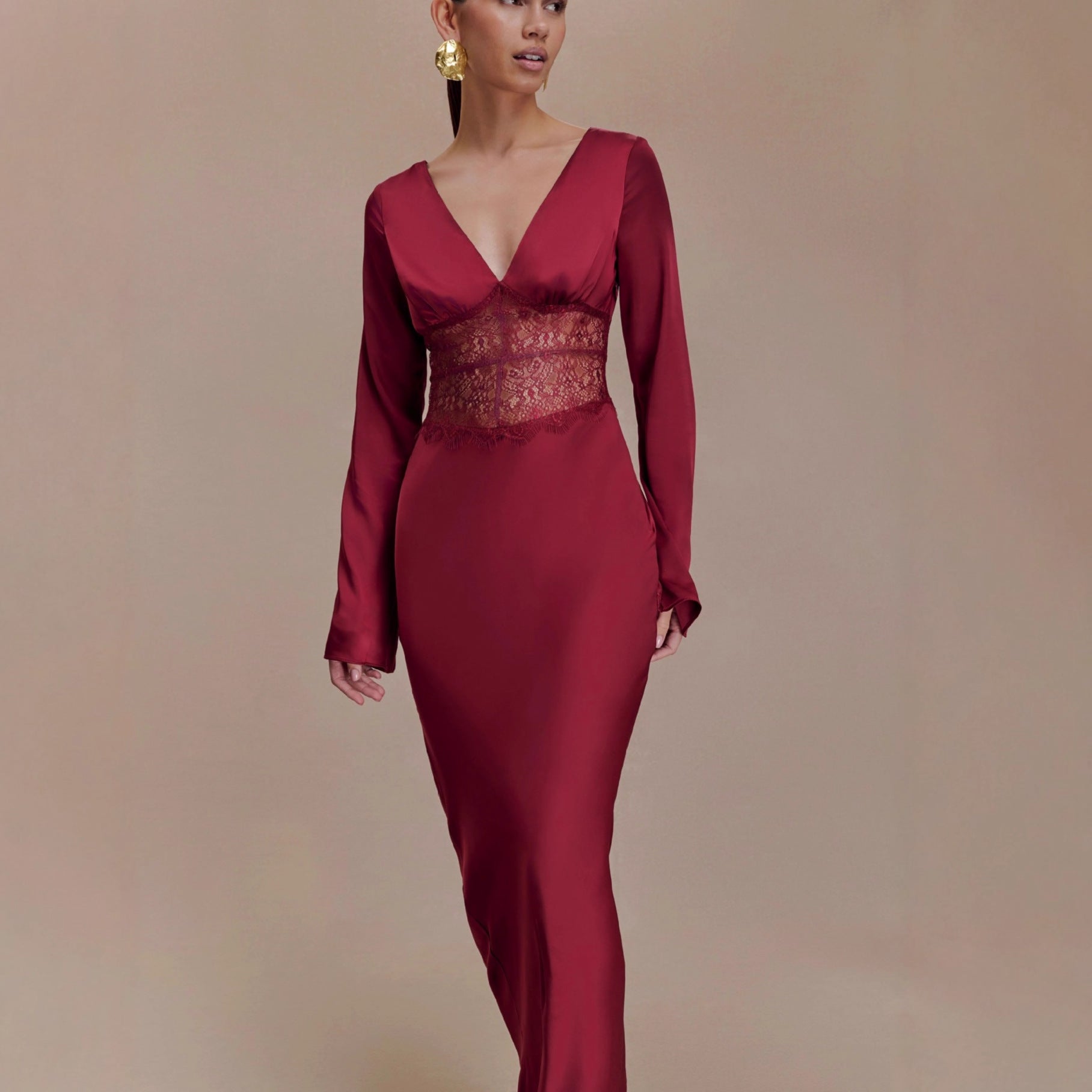 Lace splicing V-neck satin hip-wrapped dress Slim-fitting hollow sexy dress