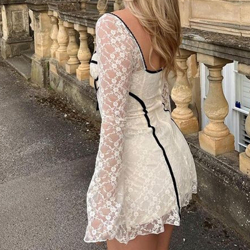 Slim Lace Hollow Splicing Short Skirt Flared Sleek Dress Women High Waist Skinny Spice Girls