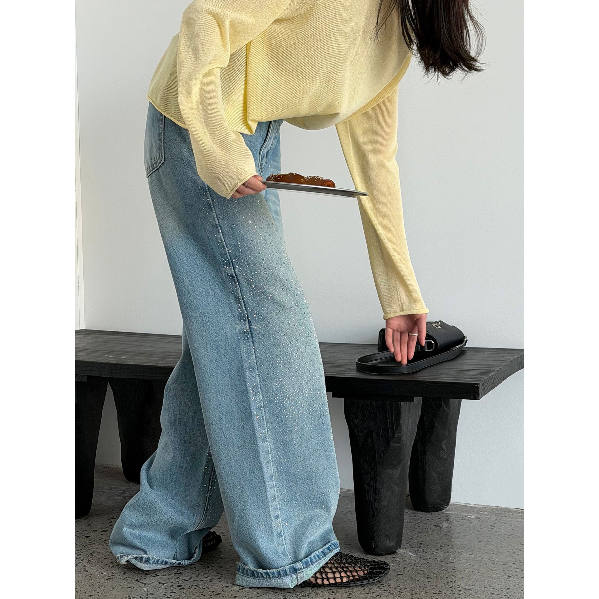 American retro gypsy hot diamond casual versatile wide-leg jeans spring new high-waisted trousers