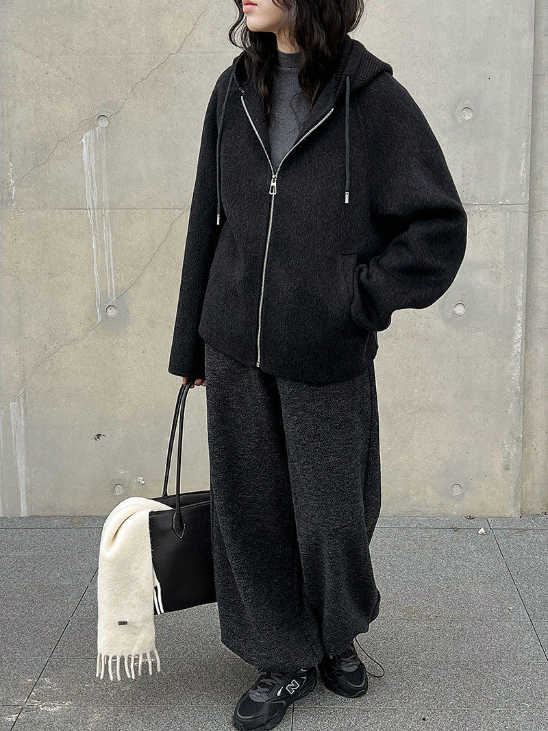 Silhouette autumn and winter knitted hooded wool woolen coat women's new short sweater double-sided woolen coat
