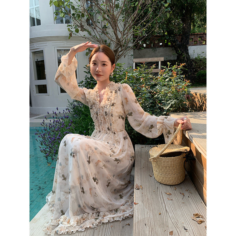 French coffee break drape fungus edge floral dress