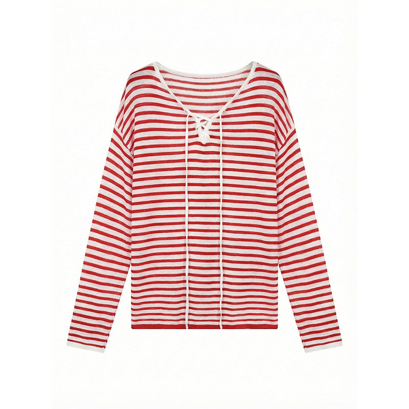 Korean striped contrasting knitted blouse