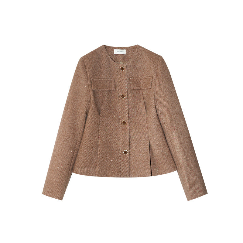 Temperament waist crew neck wool tweed jacket