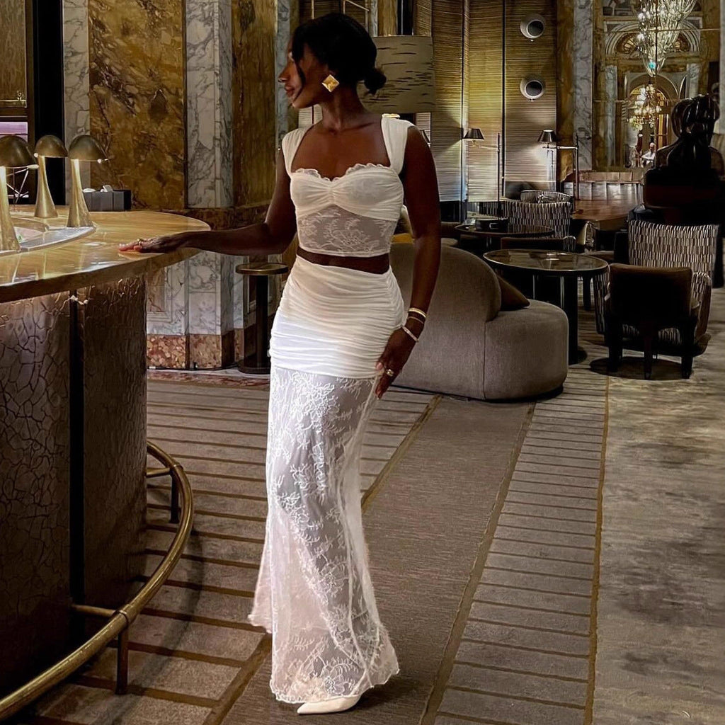 Fashion temperament lace suit skirt sexy hottie see-through top skirt two-piece suit women