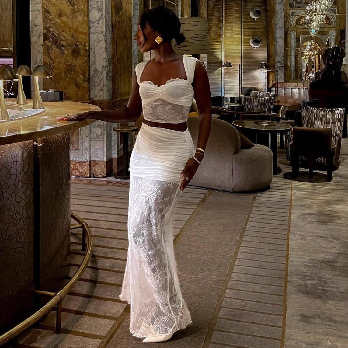Fashion temperament lace suit skirt sexy hottie see-through top skirt two-piece suit women