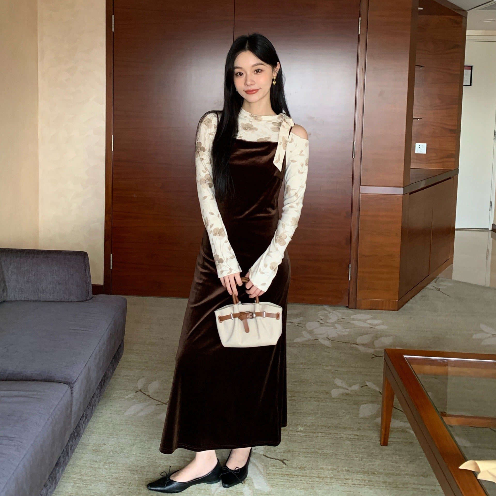 Vintage fashion slanted shoulder lace-up floral long-sleeved base shirt