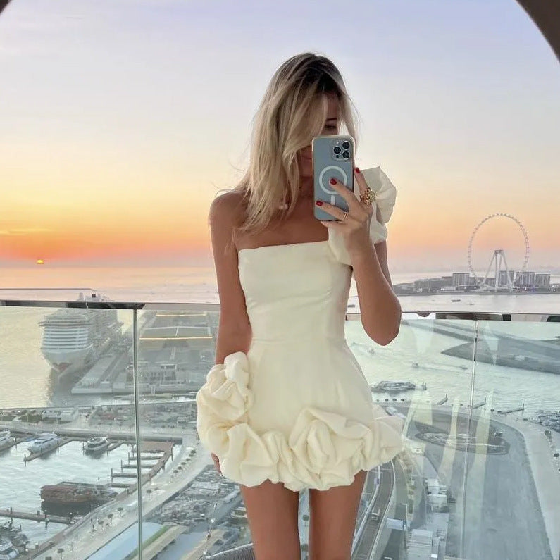 Irregular ruffle edge bud waist dress