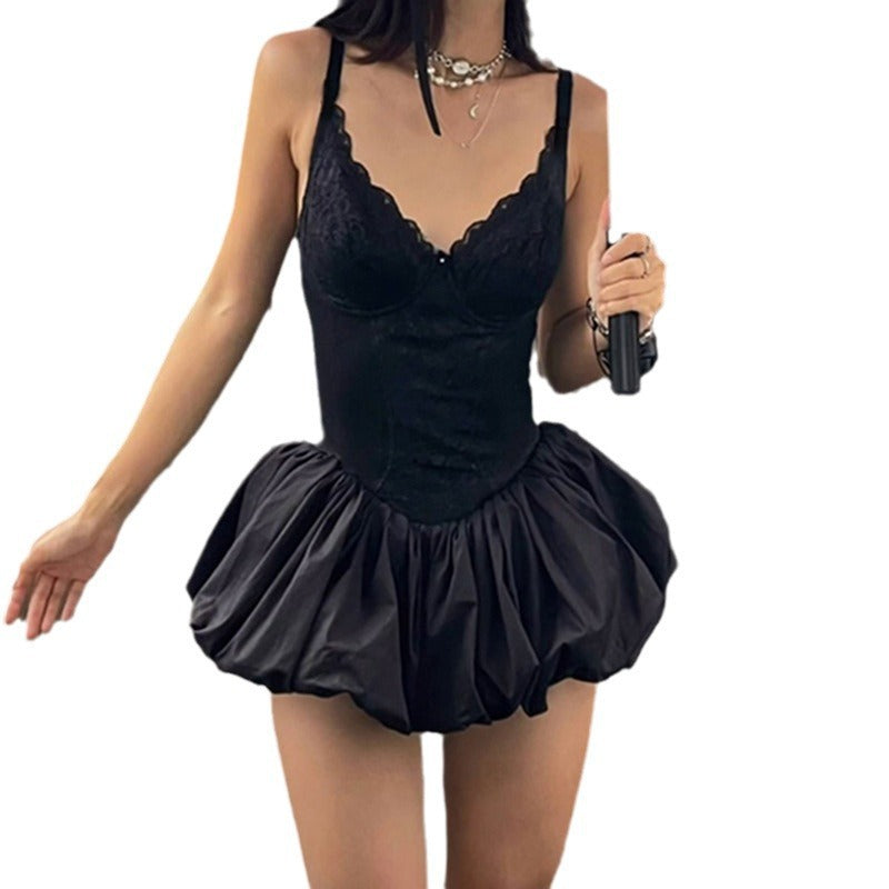 Slim lace splicing sexy hottie puffy skirt waist thin suspender dress
