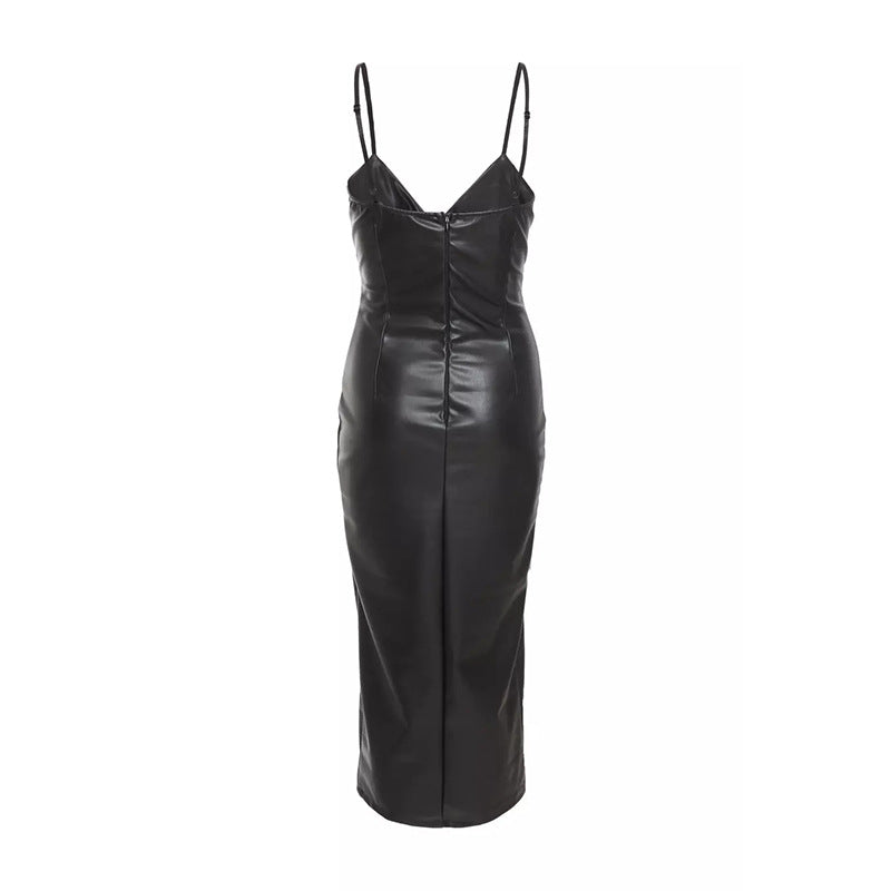 Fashion leather skirt temperament elegant suspender hip skirt slim fit sexy backless split dress