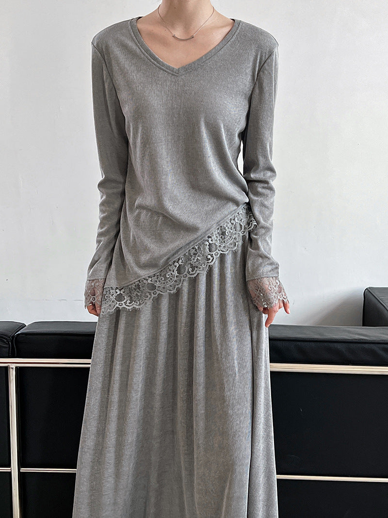 Giant Skinny Set~ Korean Lazy Slack Slant Hoop Lace Top + Skirt Two-piece Set