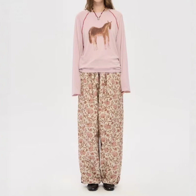 Hand-Painted Print Drop Shoulder Long Sleeve Top | Round Neck Loose Fit