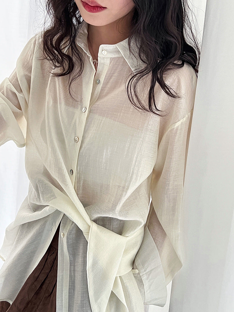 French hem strap-up Tencel acetate sunscreen shirt women's summer new light and thin long-sleeved shawl