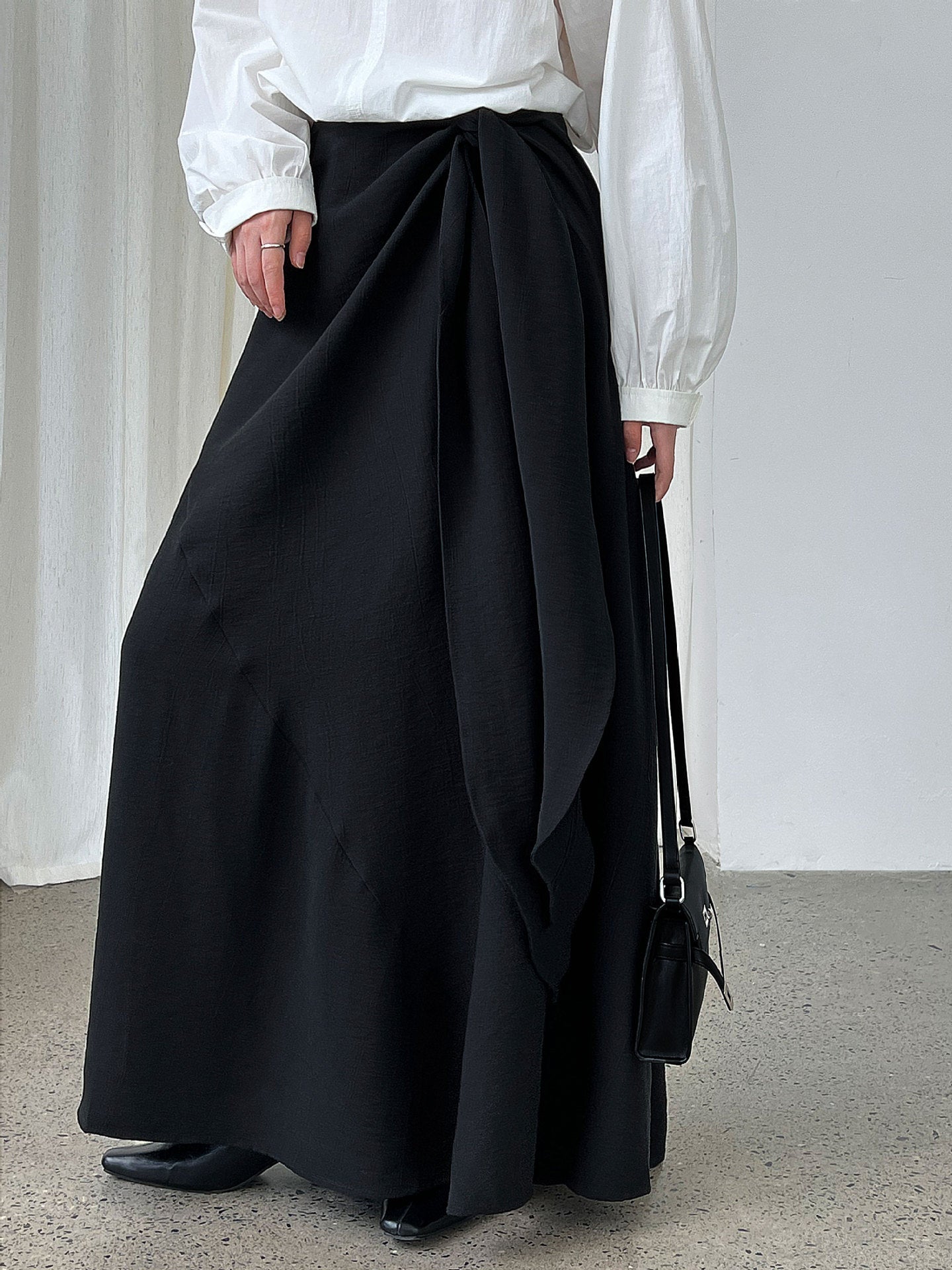 Korean style asymmetrical draped tie-waist midi skirt - new autumn design
